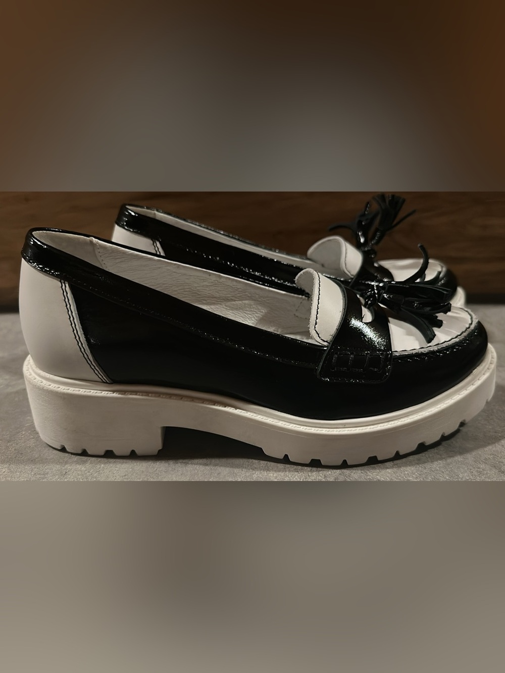 Patent Black and White Tassel Platform Loafers - Women's Flats